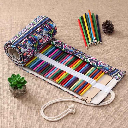 72 Slots Ethnic Print Pen Bag Canvas Pencil Wrap Curtain Roll Up Pencil Case Stationery Pouch - Shello's Creative Boutique