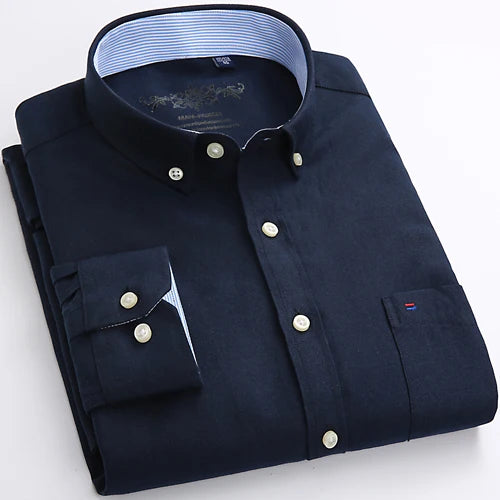 Men's Long Sleeve Oxford Plaid Striped Casual Shirt Front Patch Chest Pocket Regular-fit Button-down Collar Thick Work Shirts eprolo