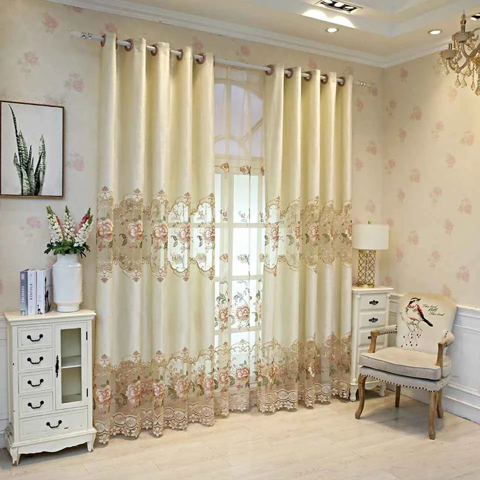 European Luxury Velvet Curtains - Embroidered Floral Tulle Blackout Drapes for Living Room
