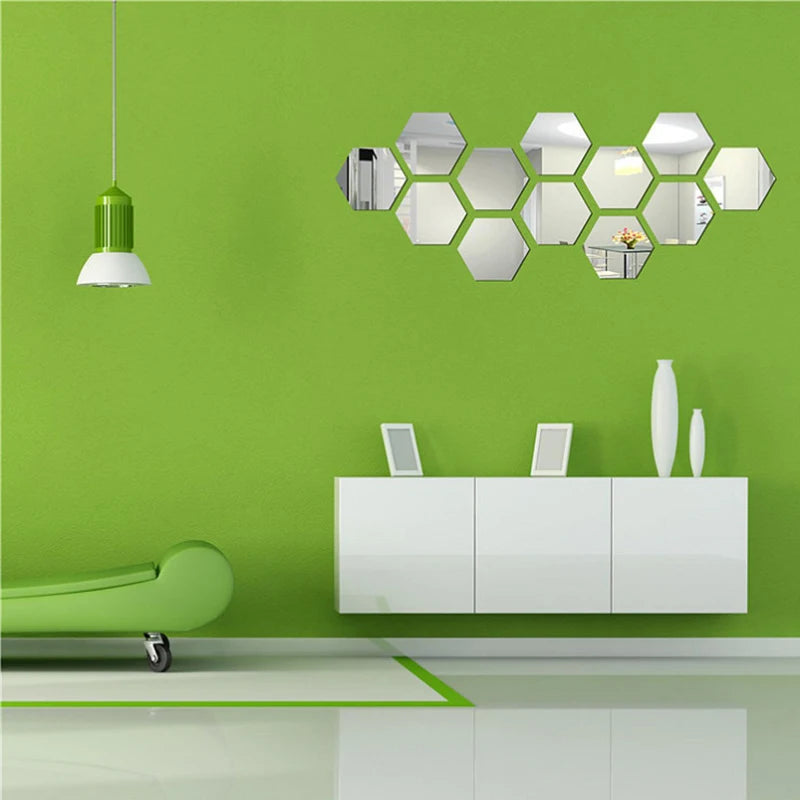 12/6Pcs 3D Hexagon Acrylic Mirror Wall Stickers DIY Mirrored Decorative Stickers eprolo