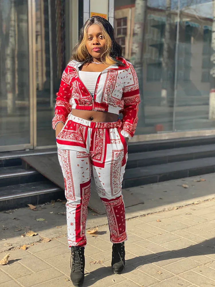 Women's Paisley Bandana Print Tracksuit - 2-Piece Zip-Up Sweatshirt & Jogger Set - Shello's Creative Boutique