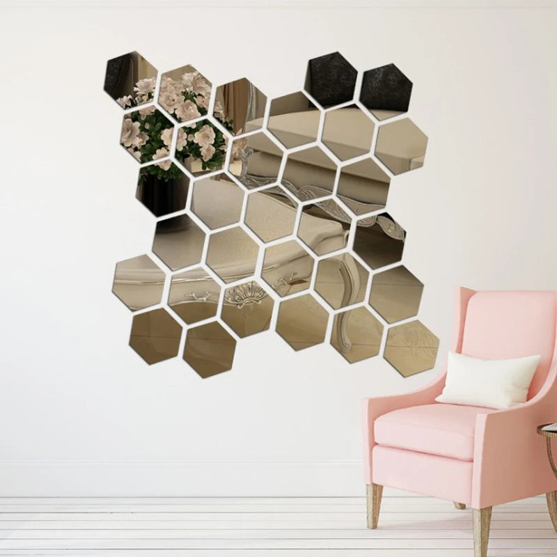 12/6Pcs 3D Hexagon Acrylic Mirror Wall Stickers DIY Mirrored Decorative Stickers eprolo