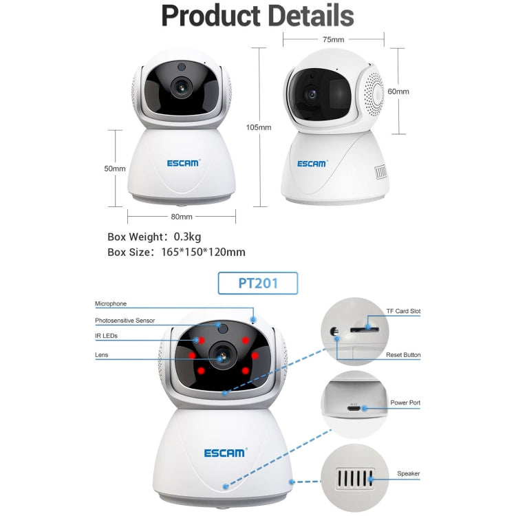 ESCAM PT201 HD 1080P Dual-band WiFi IP Camera, Support Night Vision / Motion Detection / Auto Tracking / TF Card / Two-way Audio, EU Plug, PT201 SUNSKY