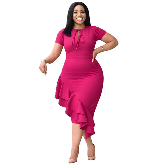 X6054 European and American Cross-border 2024 New Fashion plus size Women's Sexy Casual Lace-up Ruffled Hem dress Shello's Creative Boutique