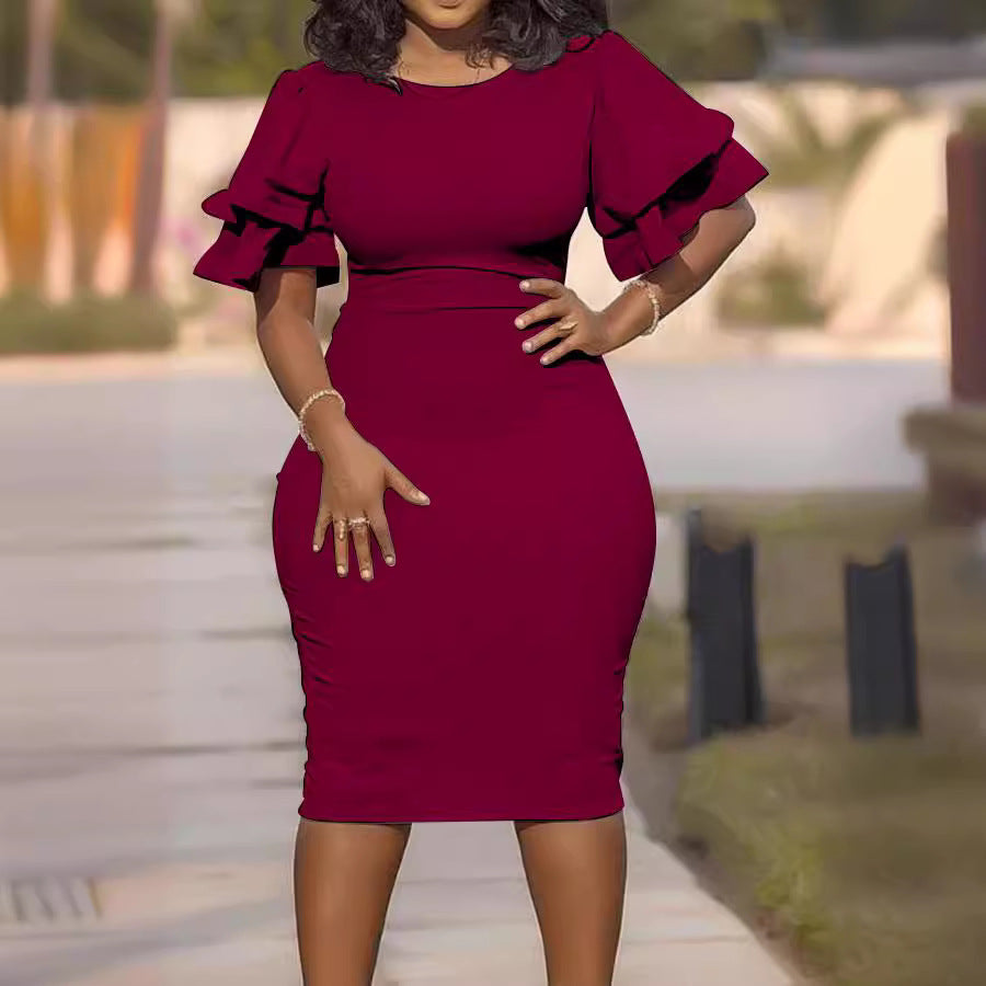 Amazon Light Mature Skirt European and American Commuter Explosions Hot Sale Solid Color Stitching Slim Fit plus size One-Step Skirt Women's dress Shello's Creative Boutique