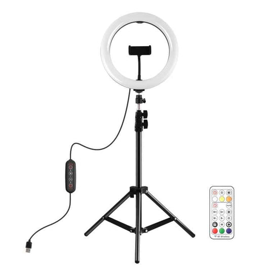 PULUZ 10.2 inch 26cm Marquee LED RGBWW Selfie Beauty Light + 1.1m Tripod Mount 168 LED Dual-color Temperature Dimmable Ring Vlogging Photography Video Lights with Cold Shoe Tripod Ball Head & Remote Control & Phone Clamp