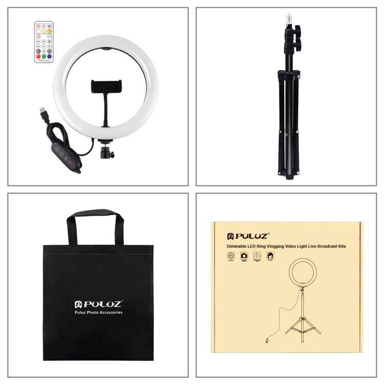PULUZ 10.2 inch 26cm Marquee LED RGBWW Selfie Beauty Light + 1.1m Tripod Mount 168 LED Dual-color Temperature Dimmable Ring Vlogging Photography Video Lights with Cold Shoe Tripod Ball Head & Remote Control & Phone Clamp