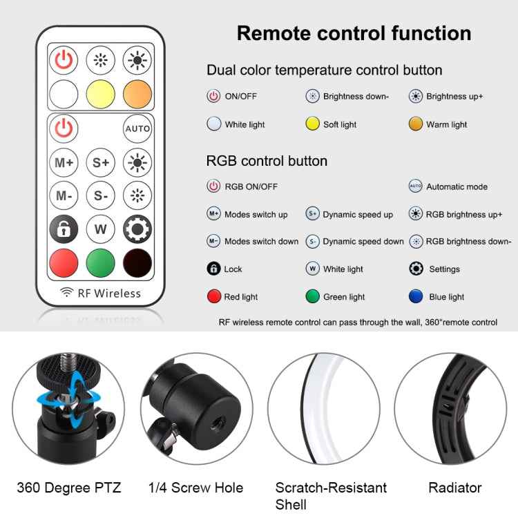 PULUZ 10.2 inch 26cm Marquee LED RGBWW Selfie Beauty Light + 1.1m Tripod Mount 168 LED Dual-color Temperature Dimmable Ring Vlogging Photography Video Lights with Cold Shoe Tripod Ball Head & Remote Control & Phone Clamp