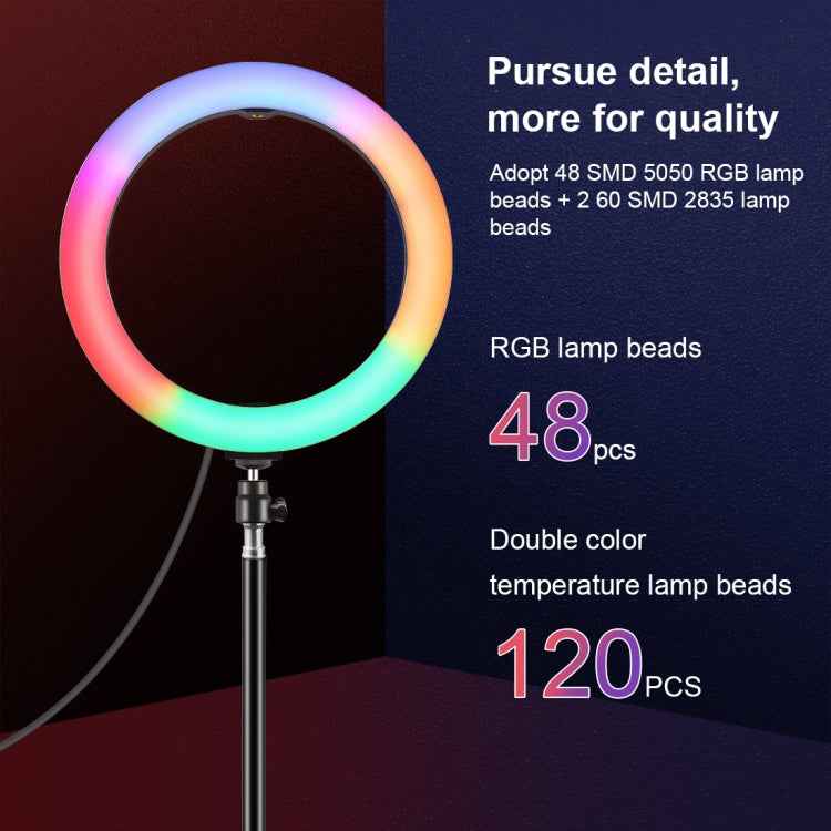 PULUZ 10.2 inch 26cm Marquee LED RGBWW Selfie Beauty Light + 1.1m Tripod Mount 168 LED Dual-color Temperature Dimmable Ring Vlogging Photography Video Lights with Cold Shoe Tripod Ball Head & Remote Control & Phone Clamp