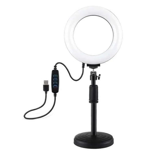 PULUZ Round Base Desktop Mount + 6.2 inch 3 Modes USB Dimmable LED Ring Vlogging Video Light, Adjustable Height: 18cm-28cm - Shello's Creative Boutique