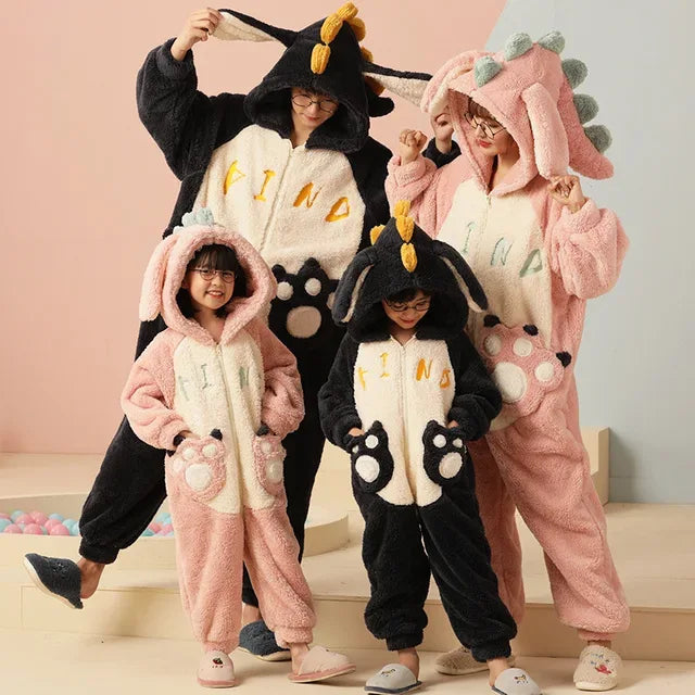Parent-Child Outfit Pijamas Jumpsuits Kawaii Cartoon Panda Women Men Sleepwear Hoodies Winter Thicken Pajamas Onesie Pyjamas - Shello's Creative Boutique