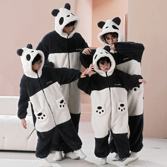 Parent-Child Outfit Pijamas Jumpsuits Kawaii Cartoon Panda Women Men Sleepwear Hoodies Winter Thicken Pajamas Onesie Pyjamas - Shello's Creative Boutique