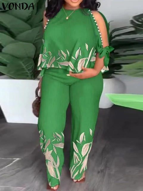 Plus Size 5XL VONDA Pant Sets 2024 Autumn Women Cold Shoulder 2pcs Casual 3/4 Sleeve Tops Printed Bohemian Matching Sets eprolo