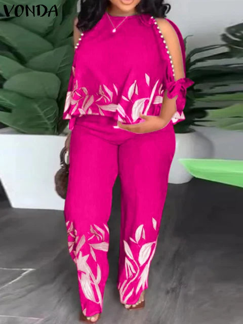 Plus Size 5XL VONDA Pant Sets 2024 Autumn Women Cold Shoulder 2pcs Casual 3/4 Sleeve Tops Printed Bohemian Matching Sets eprolo