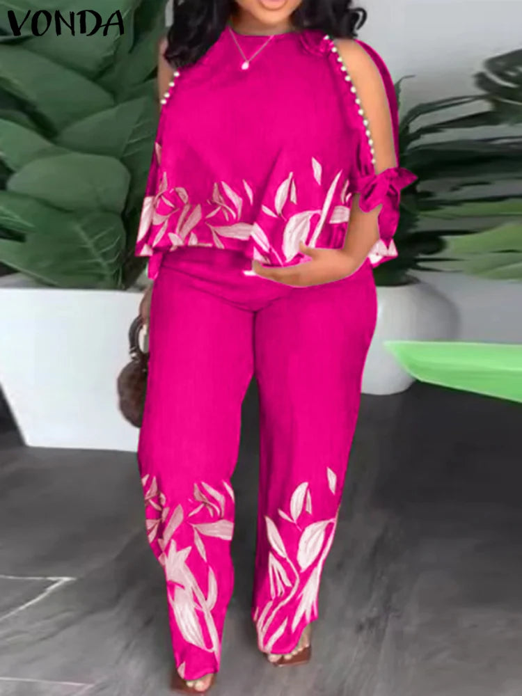 Plus Size 5XL VONDA Pant Sets 2024 Autumn Women Cold Shoulder 2pcs Casual 3/4 Sleeve Tops Printed Bohemian Matching Sets eprolo
