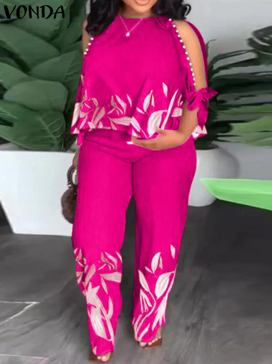 Plus Size 5XL VONDA Pant Sets 2024 Autumn Women Cold Shoulder 2pcs Casual 3/4 Sleeve Tops Printed Bohemian Matching Sets eprolo