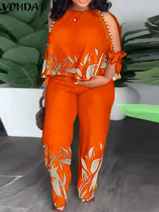 Plus Size 5XL VONDA Pant Sets 2024 Autumn Women Cold Shoulder 2pcs Casual 3/4 Sleeve Tops Printed Bohemian Matching Sets eprolo