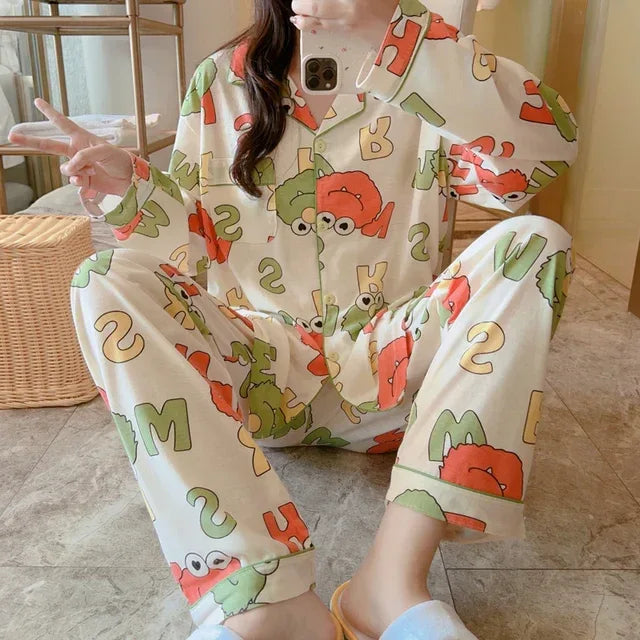 Plus Size plus Size Pure Cotton Sleepwear Set Women's Long Sleeve Casual Cartoon Home Leisure Two-Piece Suit V-Neck Button De... - Shello's Creative Boutique