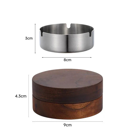 Stainless Steel & Walnut Wood Desktop Ashtray with Lid – Windproof