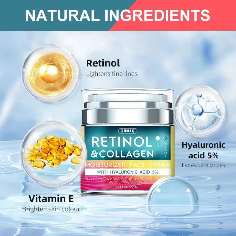 Retinol Cream for Face with Hyaluronic Acid, Day-Night Anti-Aging Moisturizer Collagen Cream for Face Reduces Wrinkles, Dryness