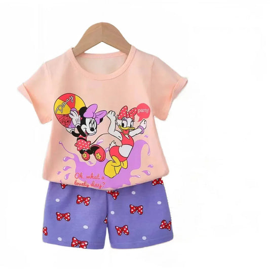MINISO Summer Baby Girl Cartoon Top & Shorts Set – Cotton Short Sleeve Casual Outfit - Shello's Creative Boutique