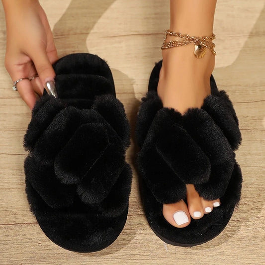 Women's Cross Strap Fluffy Slippers - Plush Fur Winter Slides - Shello's Creative Boutique
