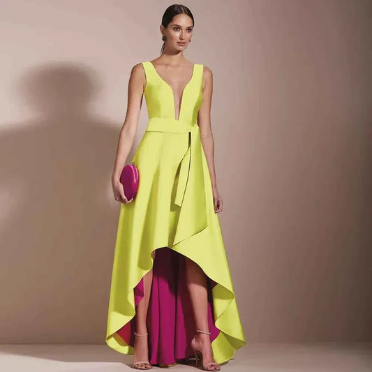 Deep V-Neck Asymmetrical Evening Dress - A-Line High-Low Gown with Color Contrast - Shello's Creative Boutique