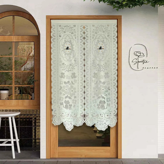 Japanese Noren Doorway Curtain - Cat Embroidery Lace Short Curtain for Kitchen & Shops