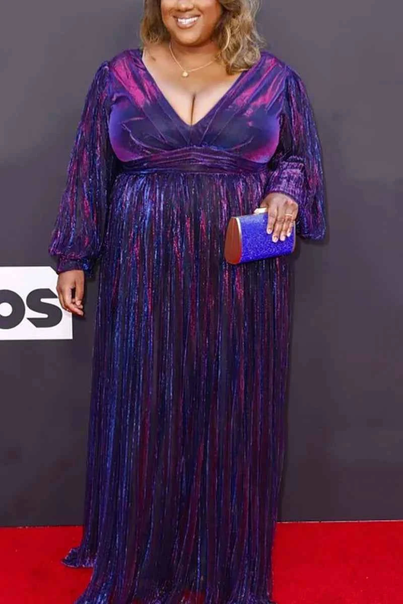 Plus Size Formal Multicolor Pleated V Neck Long Sleeves Maxi Dress