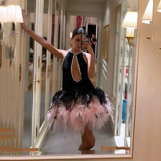 Elegant Evening Dresses Formal Occasion Dress Customized Crystal Prom Dresses Black Satin Pink Feathers Prom Gown Party Gown