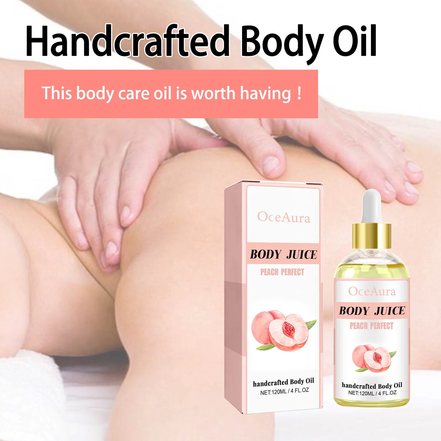 OceAura Peach Body Oil – 4 Oz Moisturizing & Tightening Massage Elixir - Shello's Creative Boutique