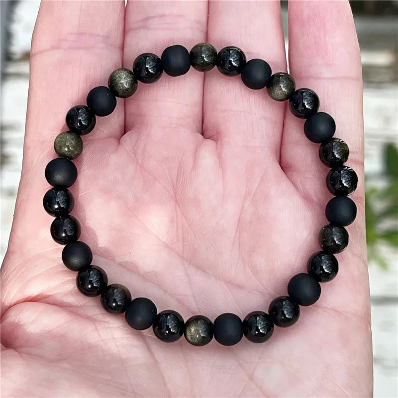 Black Natural Stone & Golden Obsidian Adjustable Bead Bracelet – Unisex Crystal Jewellery