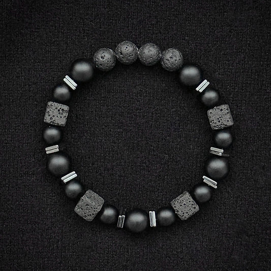 Natural Matte Black Onyx & Cube Lava Bead Bracelet – Men's Vintage Stone Jewellery