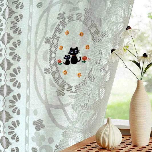 Japanese Noren Doorway Curtain - Cat Embroidery Lace Short Curtain for Kitchen & Shops