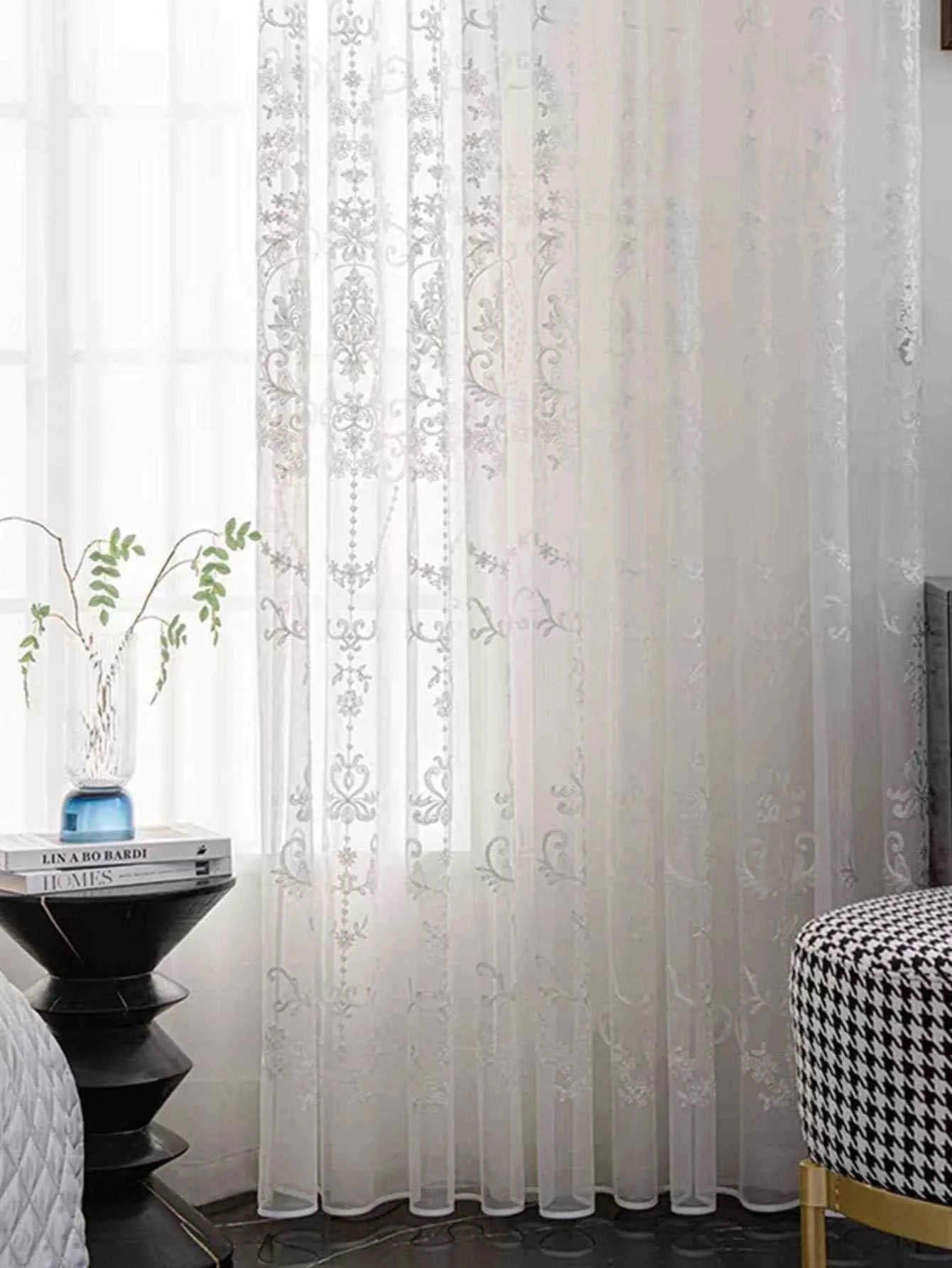 White Embroidered Floral Sheer Curtains - Elegant Voile Drapes for Living Room & Bedroom
