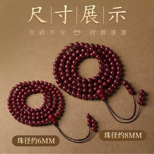Natural Cinnabar & Red Sandalwood 108 Bead Buddhist Rosary – Lucky Prayer Bracelet