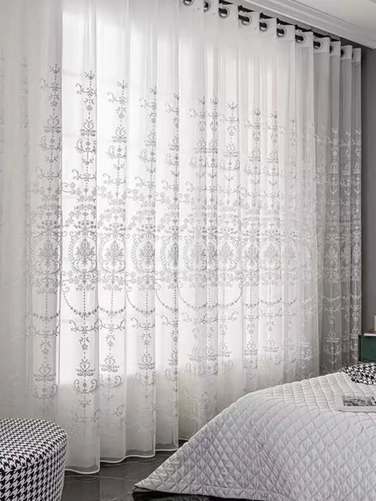 White Embroidered Floral Sheer Curtains - Elegant Voile Drapes for Living Room & Bedroom
