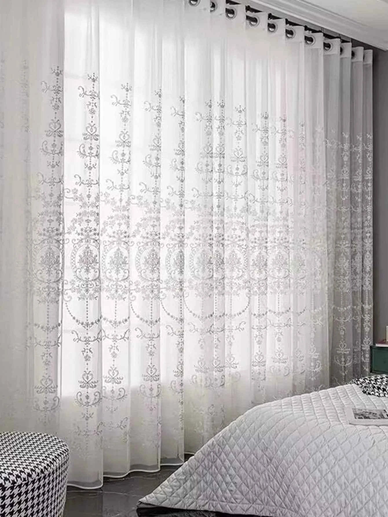 White Embroidered Floral Sheer Curtains - Elegant Voile Drapes for Living Room & Bedroom