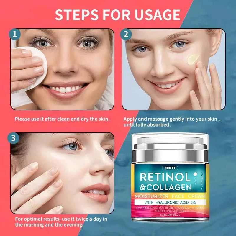 Retinol Cream for Face with Hyaluronic Acid, Day-Night Anti-Aging Moisturizer Collagen Cream for Face Reduces Wrinkles, Dryness