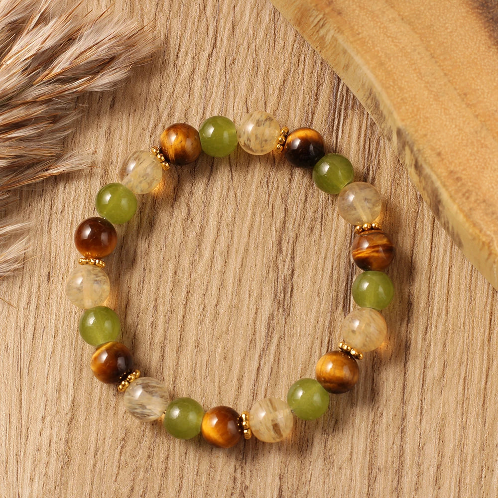 Tiger Eye, Citrine & Green Jade Natural Stone Beaded Bracelet with Gold Spacers