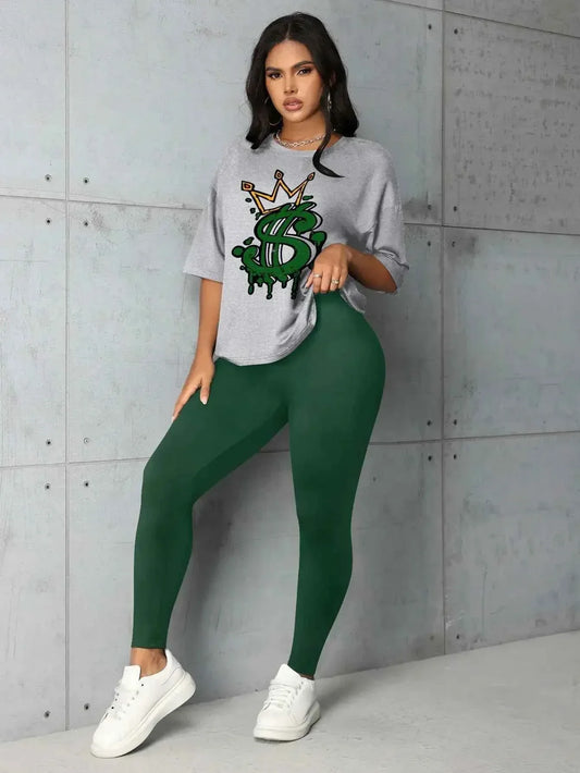Y2K Crown Letter Print Two Piece Set - Graphic T-Shirt & Skinny Pants Outfit - Shello's Creative Boutique
