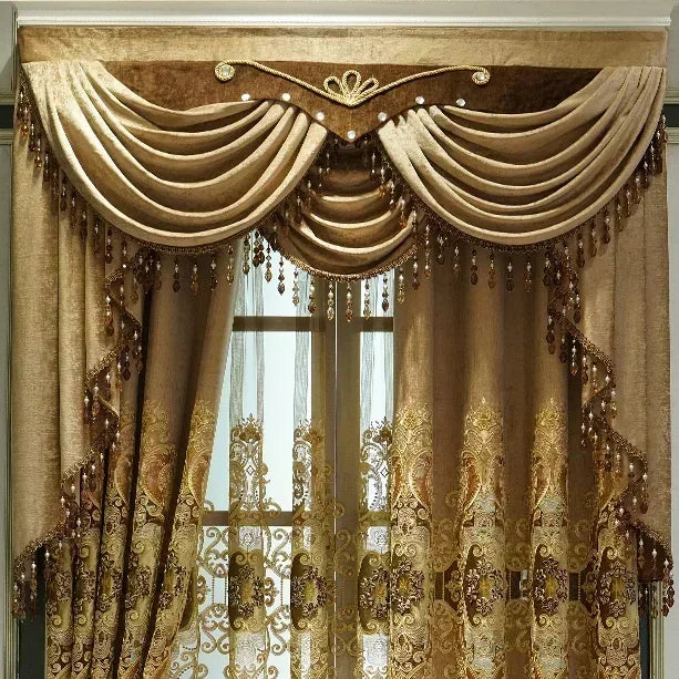 European Luxury Chenille Embroidered Curtains - Coffee Color Villa Valance for Living Room & Bedroom - Shello's Creative Boutique