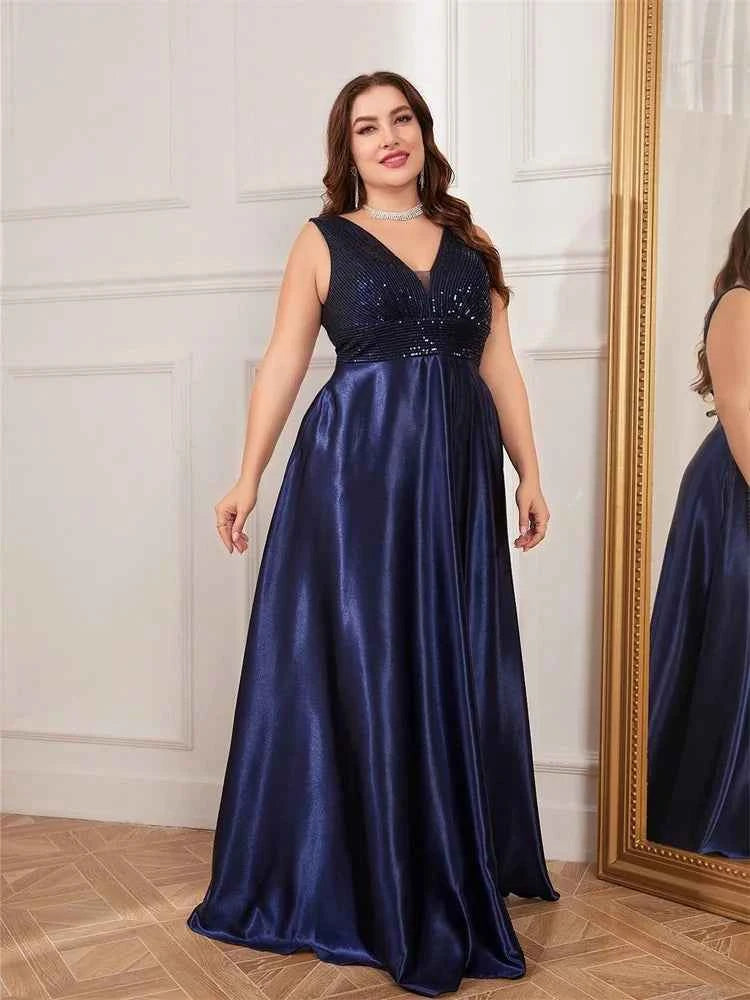 Plus Size Elegant Sequins Evening Dress For Women 2025 Deep V-neck Satin Prom Party Dress Floor Length Formal Bridesmaid Gowns
