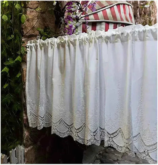Cotton Lace Café Curtains - Hollow Flower Embroidery Half Curtains for Kitchen - Shello's Creative Boutique