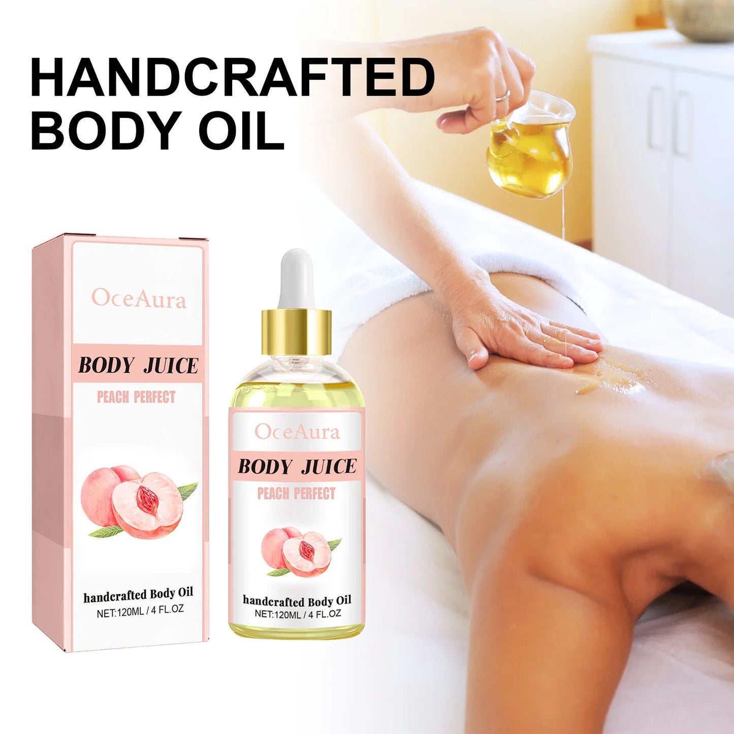 OceAura Peach Body Oil – 4 Oz Moisturizing & Tightening Massage Elixir - Shello's Creative Boutique