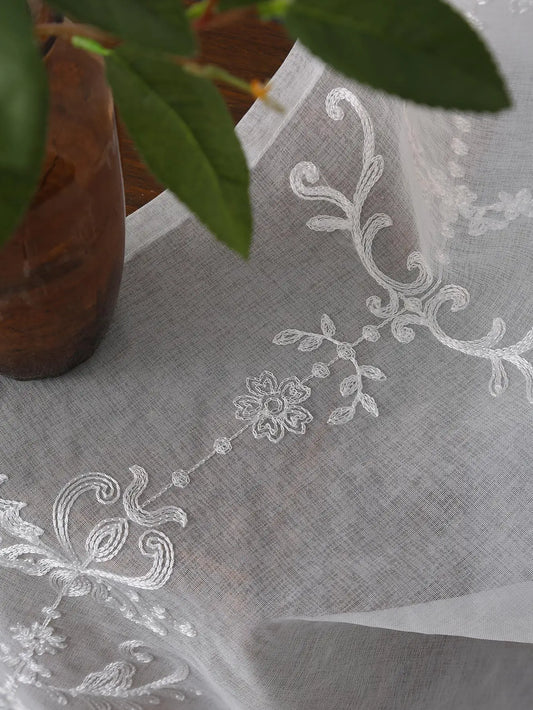 White Embroidered Floral Sheer Curtains - Elegant Voile Drapes for Living Room & Bedroom
