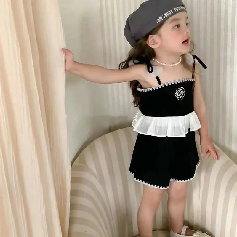 Angela Wonder Girls’ Summer Suspender + Shorts Set – Sleeveless Cotton 2-Piece Outfit - Shello's Creative Boutique