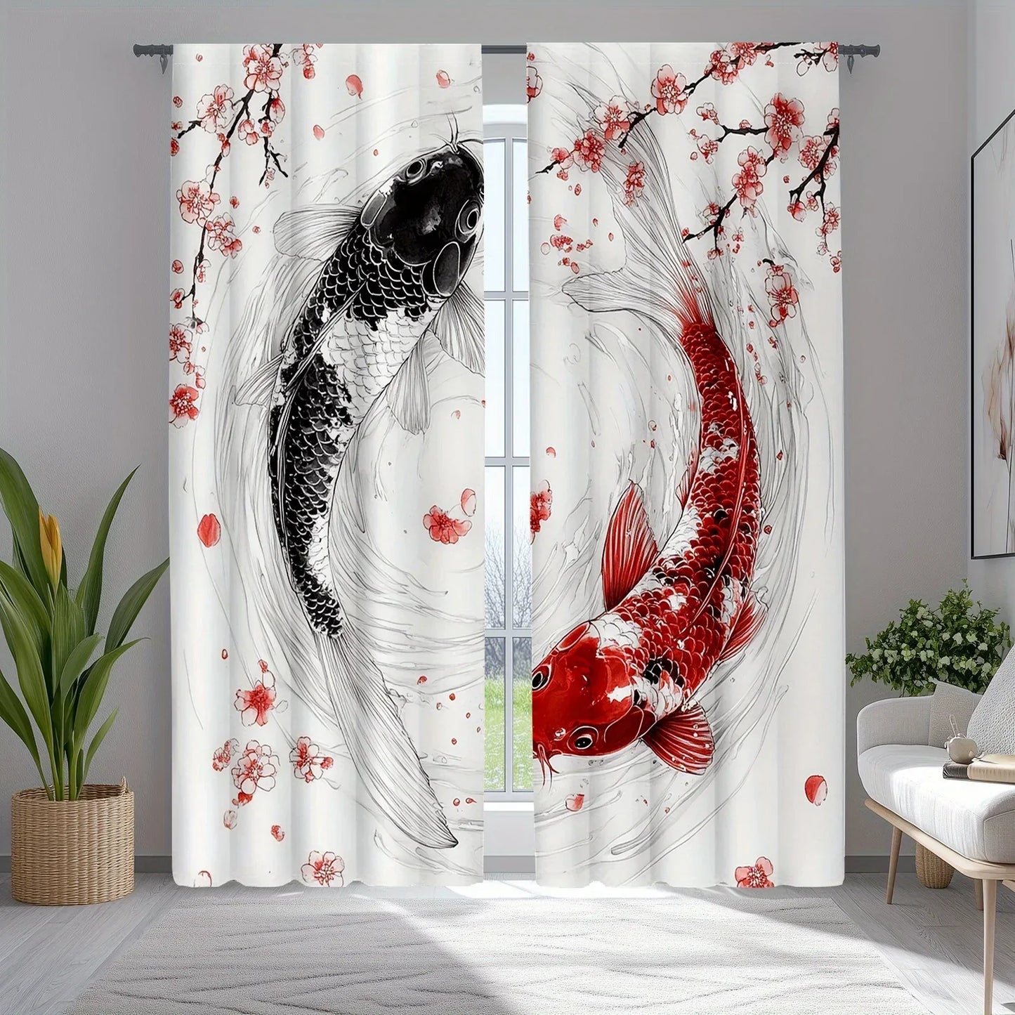 Japanese Koi Fish Blackout Curtains – Ukiyo-e Cherry Blossom Drapes (2 Pack) - Shello's Creative Boutique