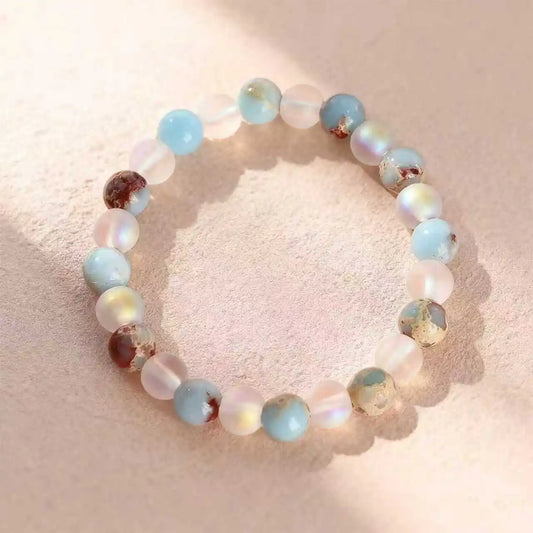Halo Quartz & Ocean Sediment Beaded Bracelet – Unisex Natural Stone Stretch Bangle