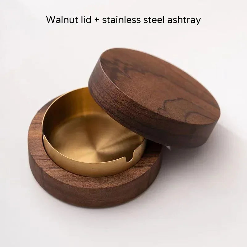Stainless Steel & Walnut Wood Desktop Ashtray with Lid – Windproof